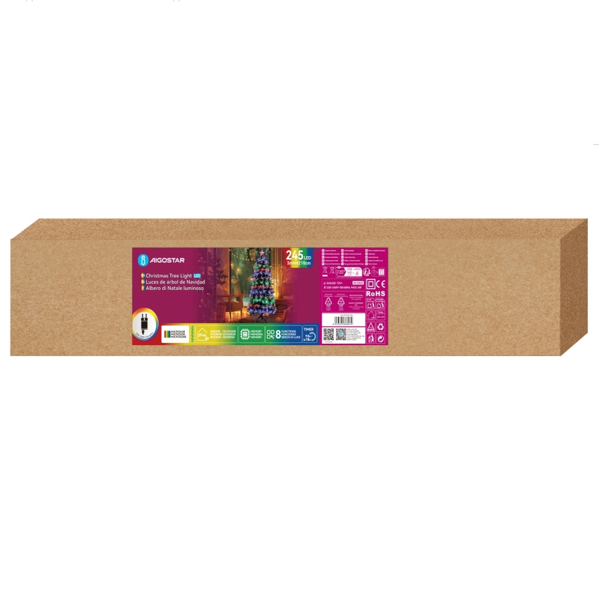 Aigostar - LED välistingimustes kasutatav jõulupuu, 245 LED, 8 funktsiooni, 2,1 m, IP44, mitmevärviline