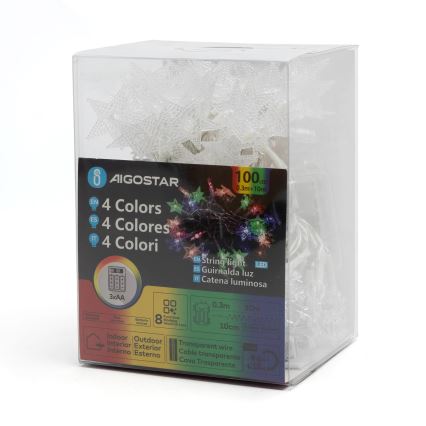 Aigostar - LED RGBY väljas kasutatav jõulukett 100xLED/8 funktsiooni 3xAA 10m IP44 tähed
