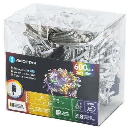 Aigostar - välitingimuste LED-valguskett 600 LED, 8 režiimi, 30 m, IP44, mitmevärviline
