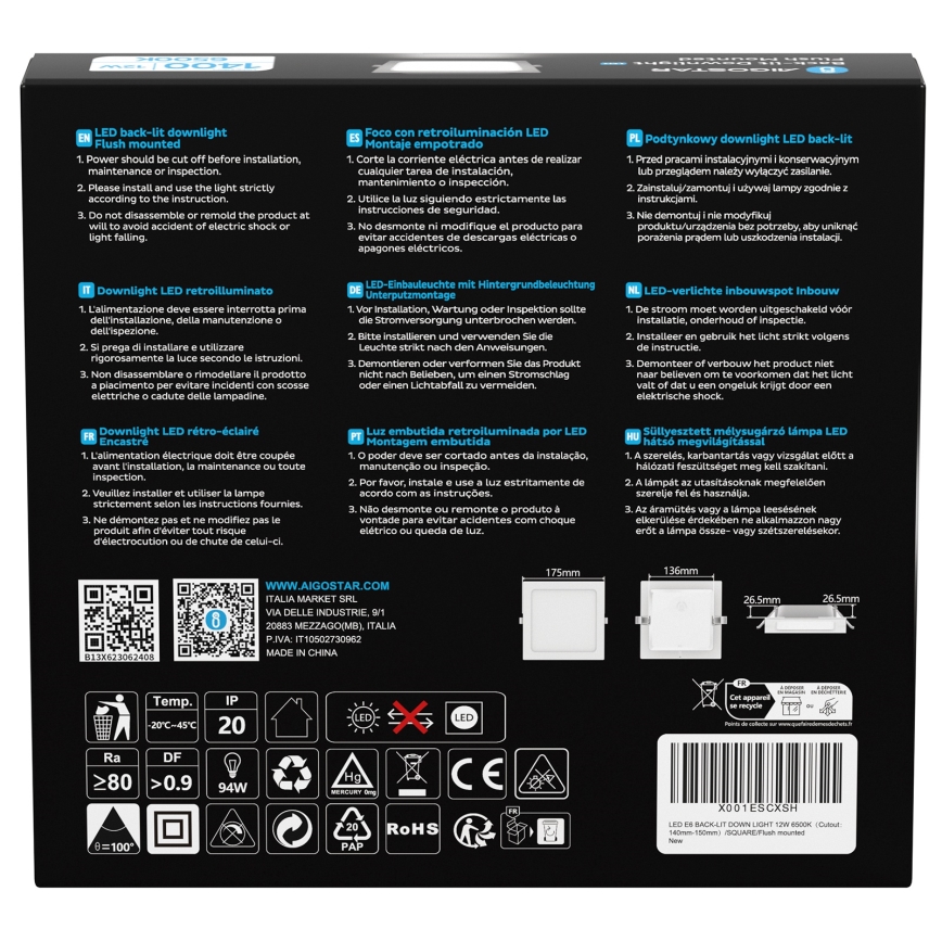 Aigostar - LED Sisseehitus LED/12W/230V 6500K 17,5x17,5 cm valge