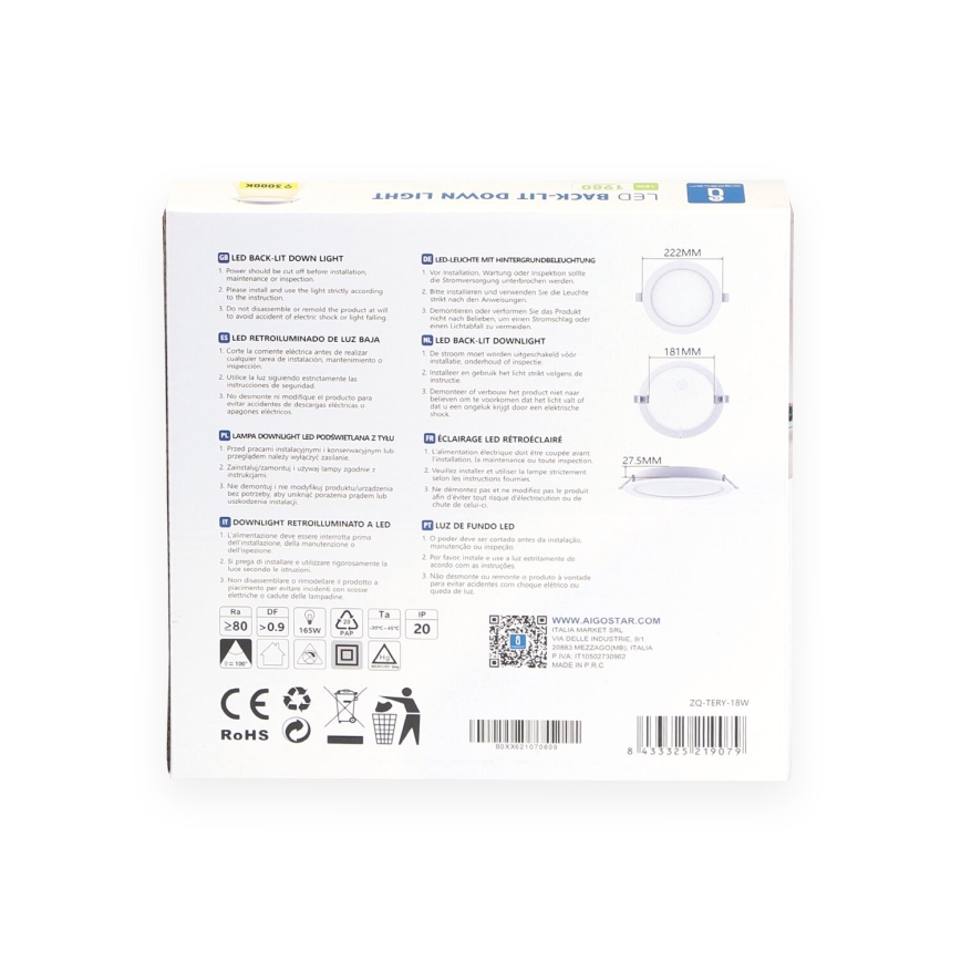Aigostar - LED-süvistatav laevalgusti, 18 W, 230 V, 3000 K, läbimõõt 22,2 cm, valge