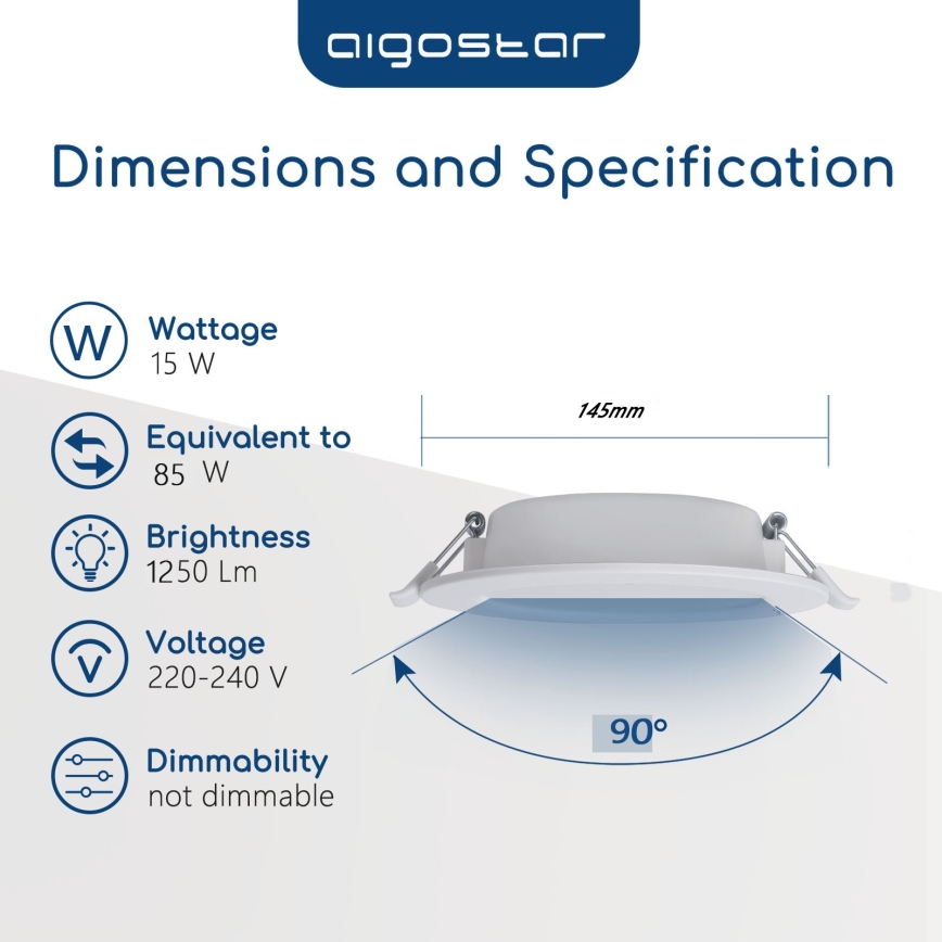 Aigostar - LED vannitoa süvistatav laevalgusti LED/15W/230V 4000K IP44 läbimõõt 14,5 cm valge
