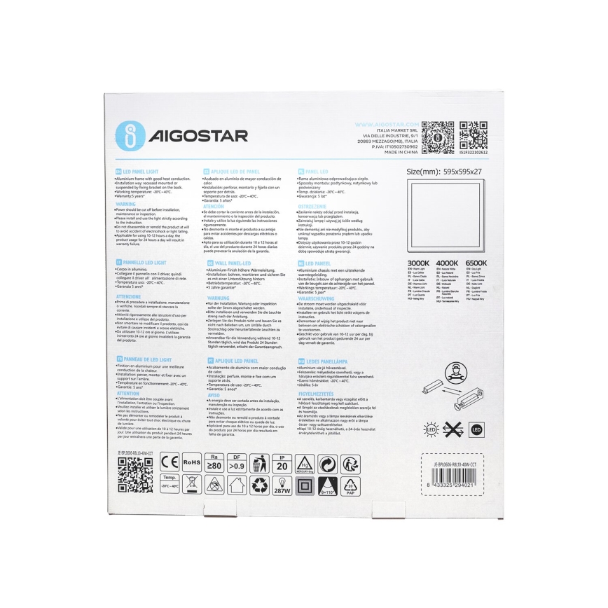Aigostar - LED Süvistatav valguspaneel LED/40W/230V 3000K/4000K/6500K 60x60cm valge
