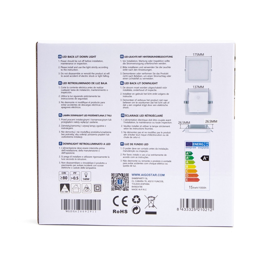 Aigostar - LED Süvistatav valgusti LED/15W/230V 17,5x17,5 cm 3000K valge