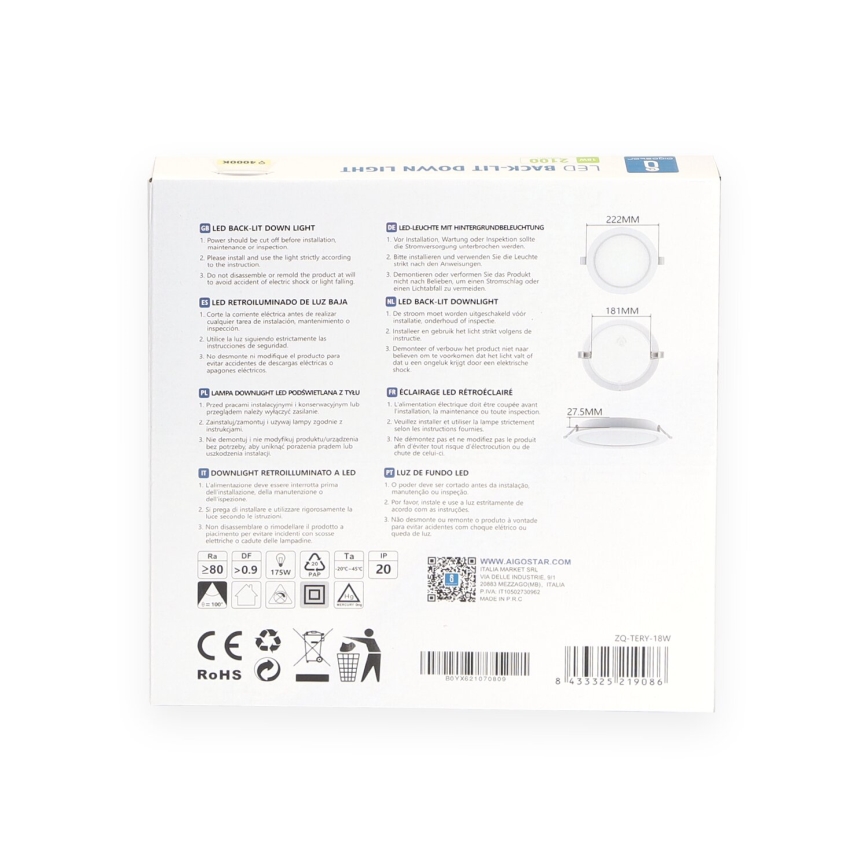 Aigostar - LED Süvistatav valgusti LED/18W/230V 4000K d. 22 cm valge