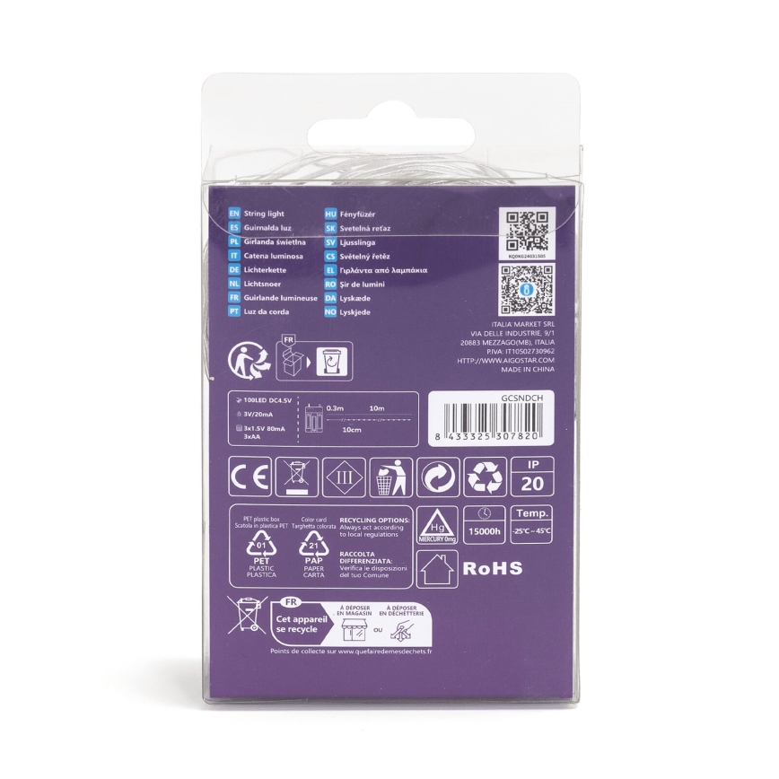 Aigostar - LED Valguskett 100xLED/3xAA 10,3m soe valge