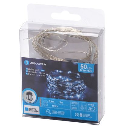 Aigostar - LED välisvalguskett 50xLED/3xAA 5,3 m külmvalge