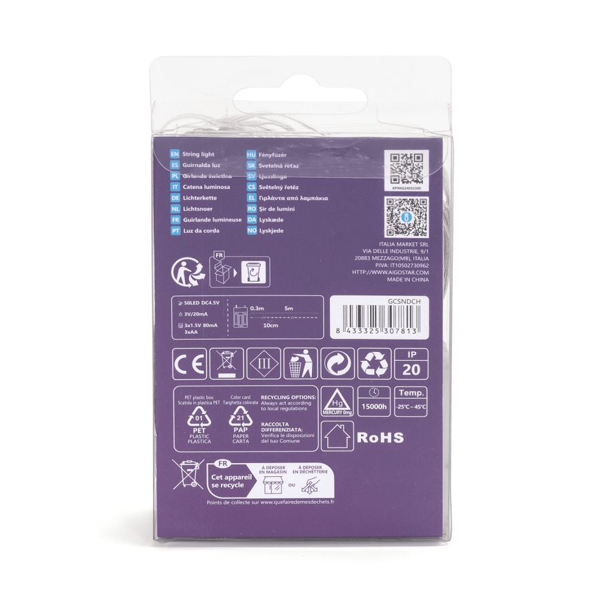 Aigostar - LED valguskett 50xLED/3xAA 5,3m soe valge