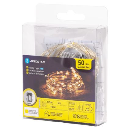 Aigostar - LED välisvalguskett 50xLED/3xAA 5,3 m soe valge