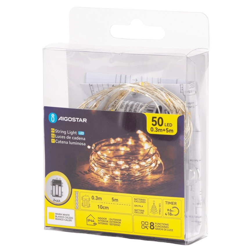Aigostar - LED välisvalguskett 50xLED/3xAA 5,3 m soe valge