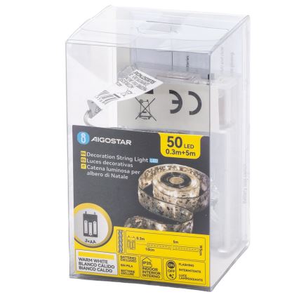 Aigostar - LED  valguskett 50xLED/3xAA 5 m soe valge hõbedane