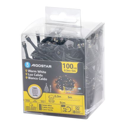 Aigostar - LED välistingimuste valguskett 100xLED/8 režiimi 3xAA 5,3 m IP44 soe valge