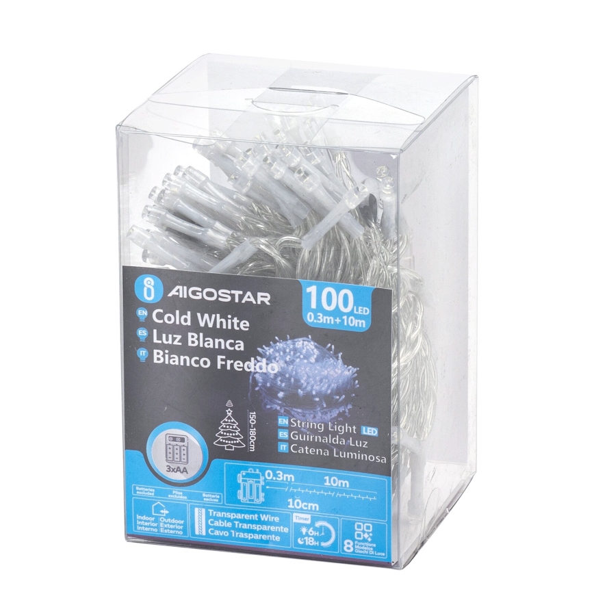 Aigostar - LED välisvalgusketi 100xLED/8 funktsiooni/3xAA 10,3m IP44 külmvalge