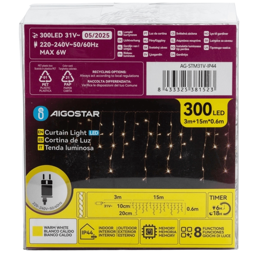 Aigostar - LED Väli dekoratiivne kett 75xLED/6W/230V 15x0,6m IP44 soe valge