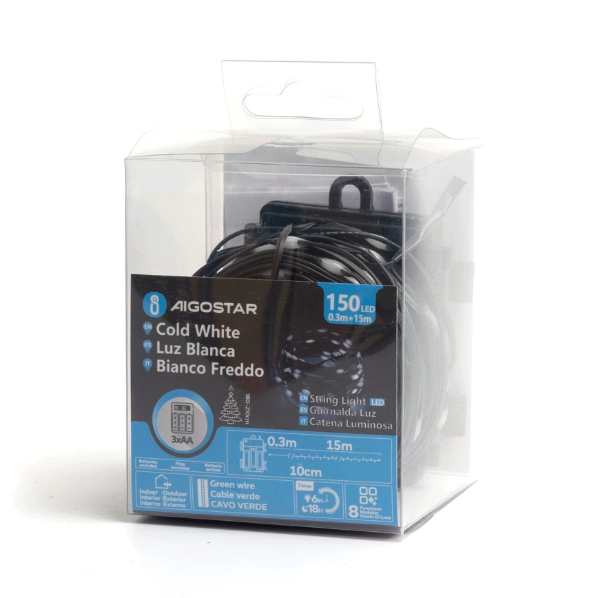Aigostar - LED Väli jõuluteemaline valguskett 150xLED/8 funktsiooni 15,3m IP44 külm valge