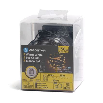 Aigostar -LED Väli jõuluteemaline valguskett 150xLED/8 funktsiooni 3xAA 15,3m IP44 soe valge