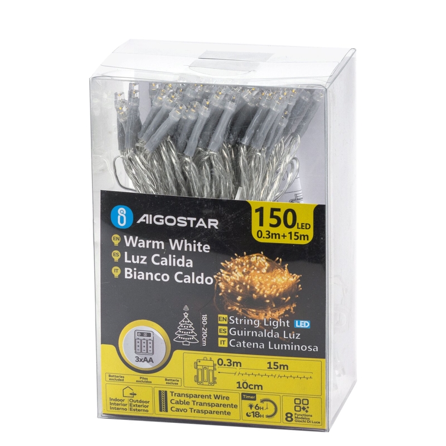 Aigostar -LED Väli jõuluteemaline valguskett 150xLED/8 funktsiooni 3xAA 15,3m IP44 soe valge