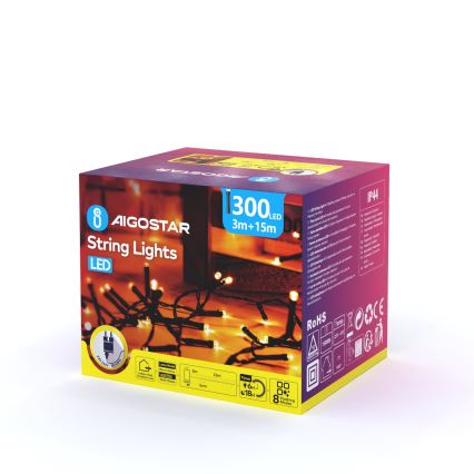 Aigostar - LED Väli jõuluteemaline valguskett 300xLED/8 funktsiooni 18m IP44 soe valge
