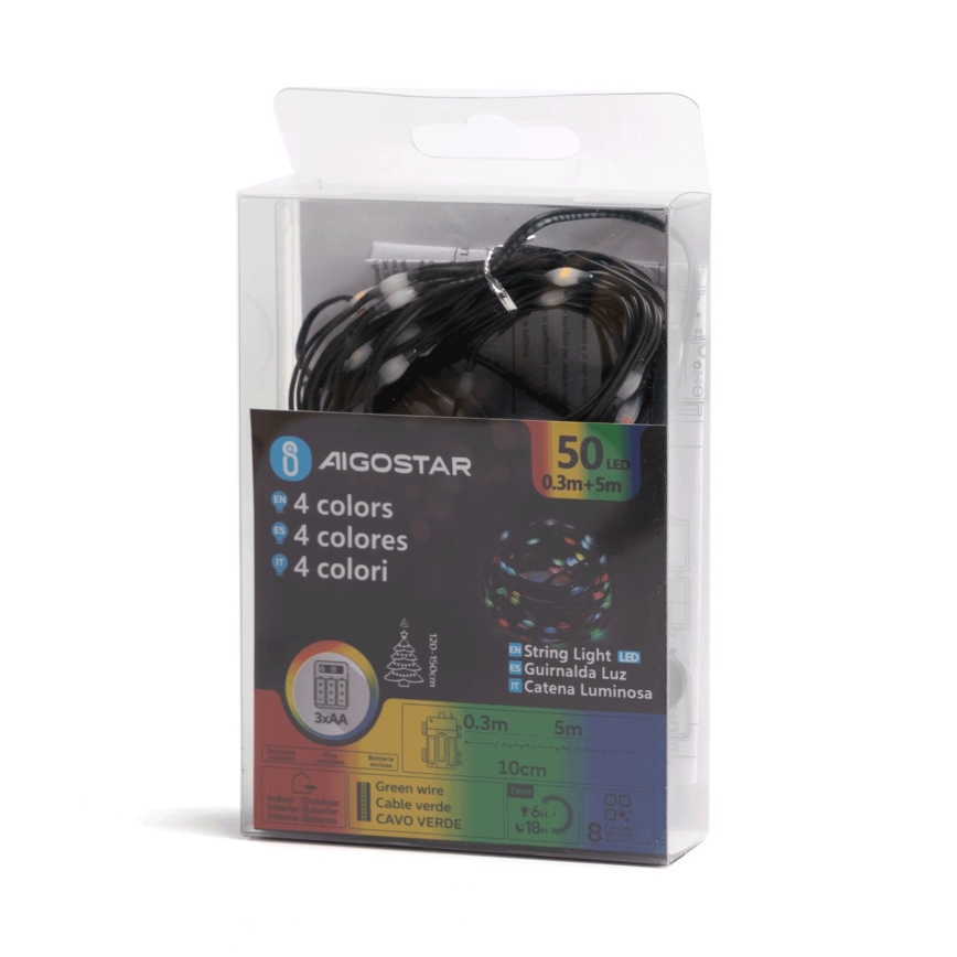 Aigostar - LED Väli jõuluteemaline valguskett 50xLED/8 funktsiooni 3xAA 5,3m IP44 mitmevärviline
