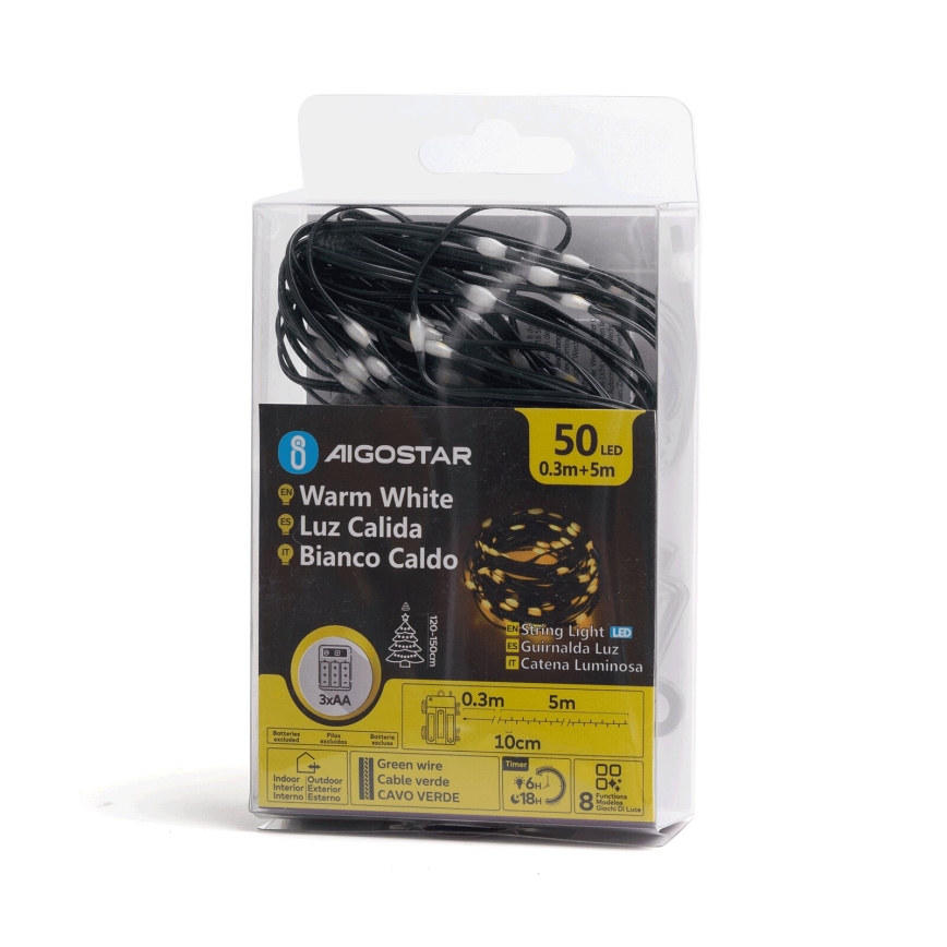 Aigostar - LED Väli jõuluteemaline valguskett 50xLED/8 funktsiooni 3xAA 5,3m IP44 soe valge