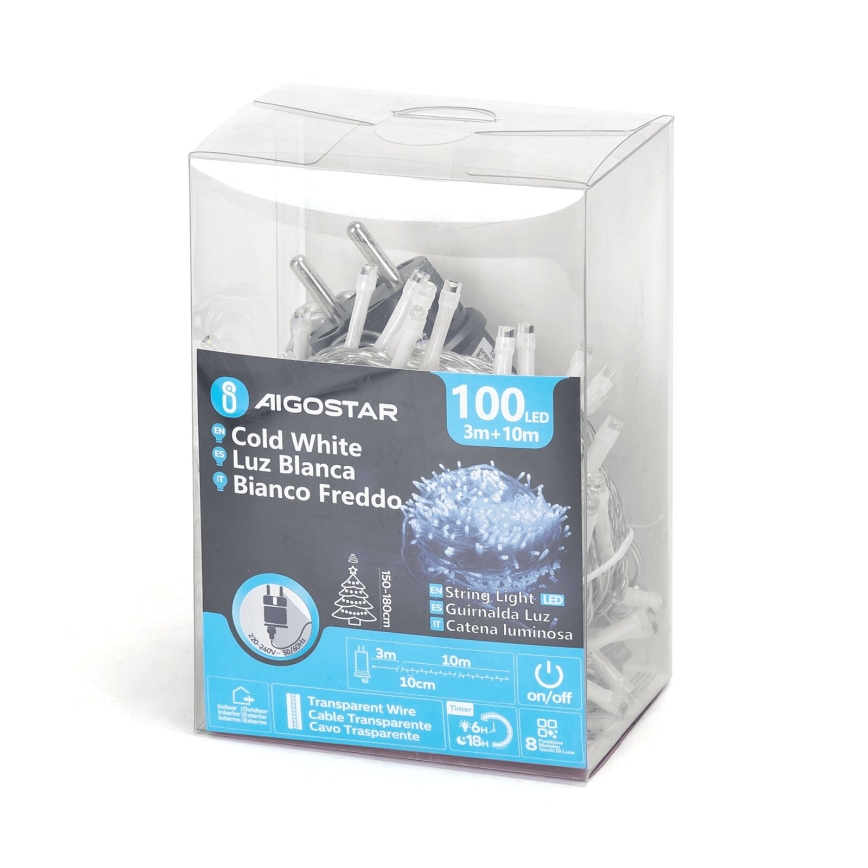 Aigostar - LED Väli valguskett 100xLED/8 funktsiooni 13m IP44 külm valge