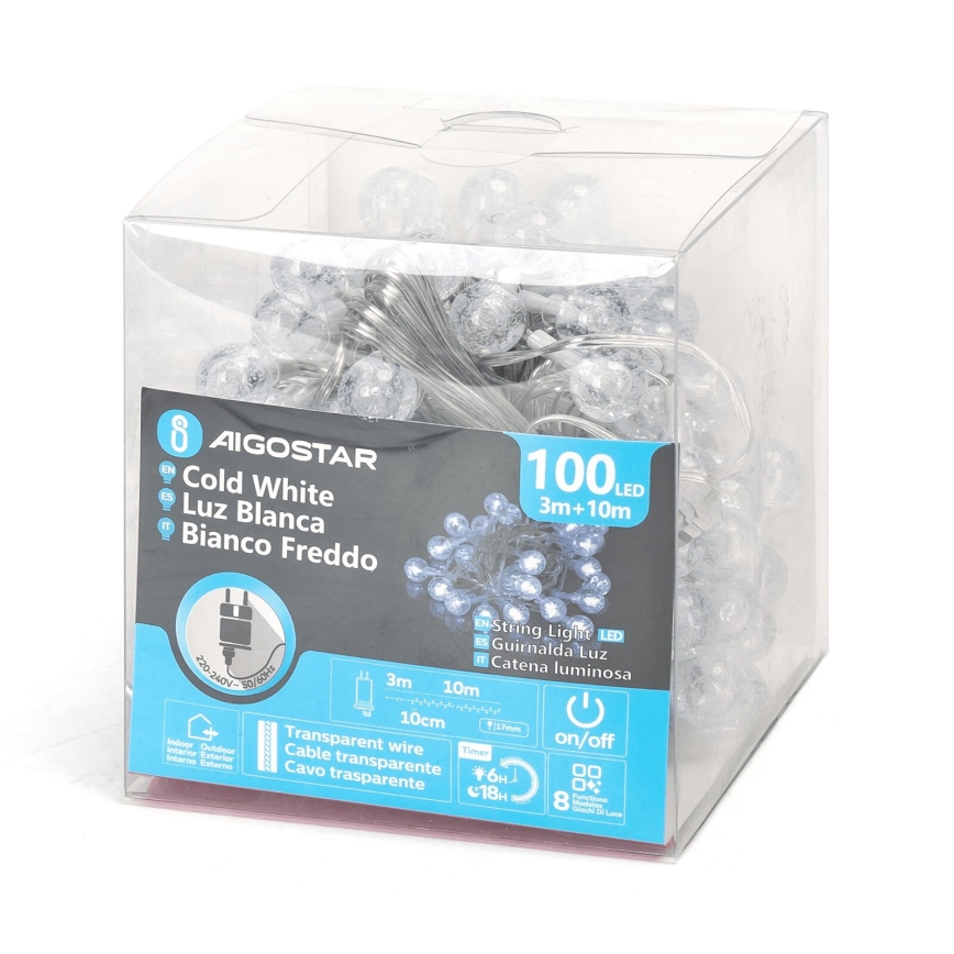 Aigostar - LED Väli valguskett 100xLED/8 funktsiooni 13m IP44 külm valge