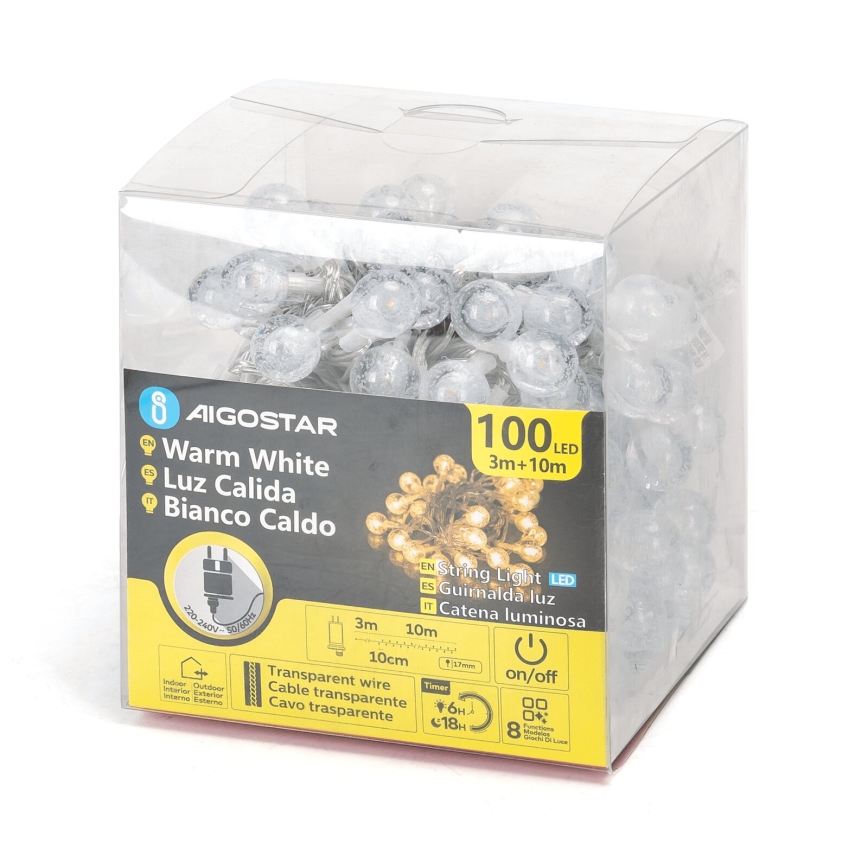 Aigostar - LED Väli valguskett 100xLED/8 funktsiooni 13m IP44 soe valge