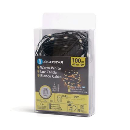 Aigostar - LED Väli valguskett 100xLED/8 funktsiooni 3xAA 10,3m IP44 soe valge