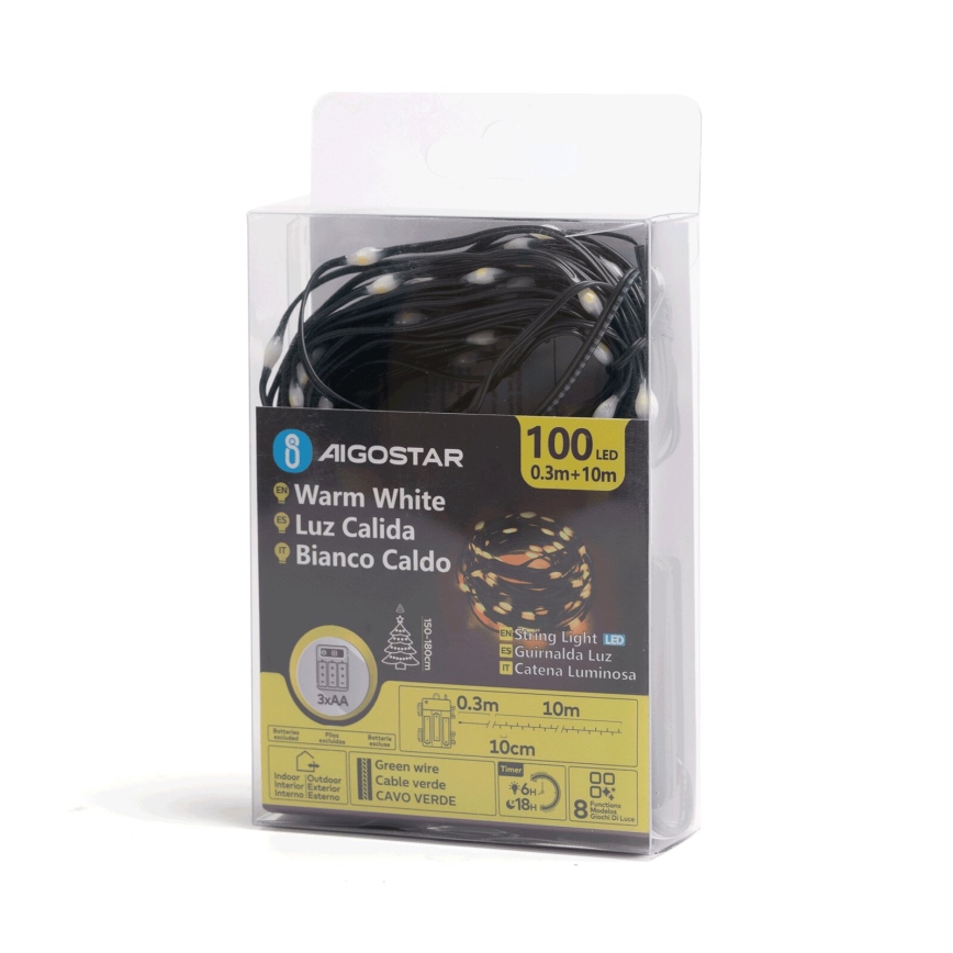Aigostar - LED Väli valguskett 100xLED/8 funktsiooni 3xAA 10,3m IP44 soe valge