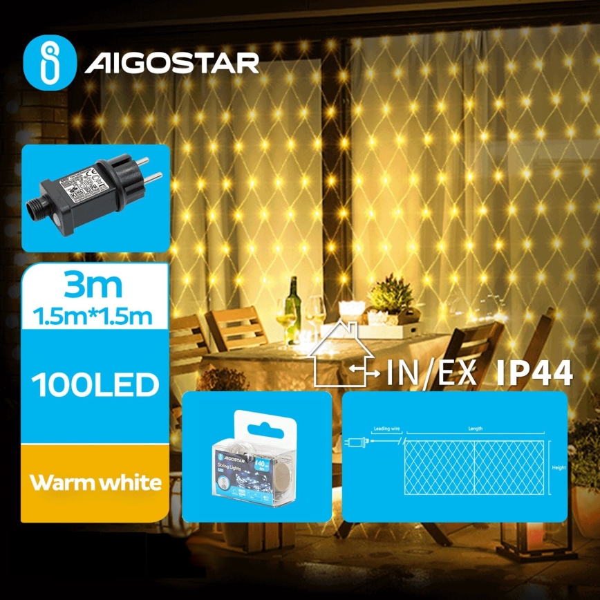 Aigostar - LED Väli valguskett 100xLED/8 funktsiooni 4,5x1,5m IP44 soe valge