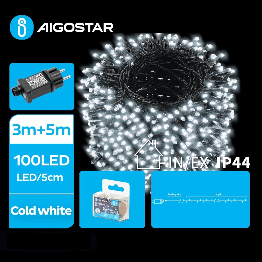 Aigostar - LED Väli valguskett 100xLED/8 funktsiooni 8m IP44 külm valge