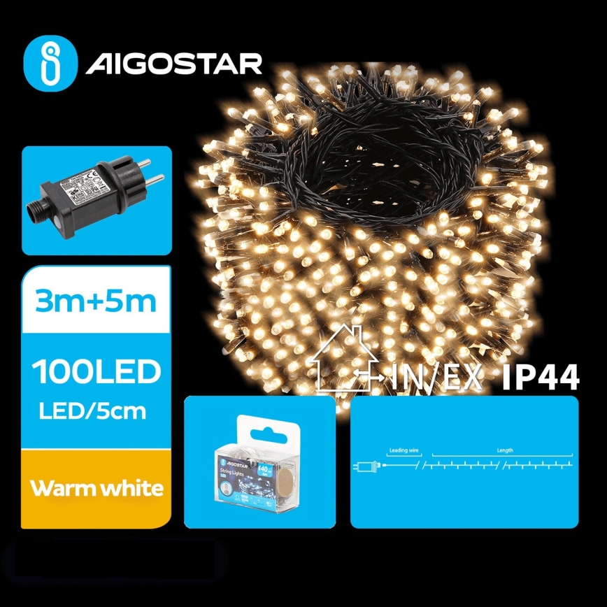 Aigostar - LED Väli valguskett 100xLED/8 funktsiooni 8m IP44 soe valge