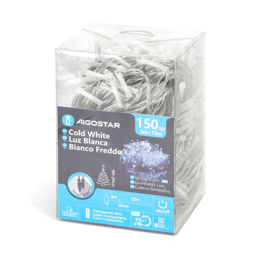 Aigostar - LED Väli valguskett 150xLED/8 funktsiooni 18m IP44 külm valge