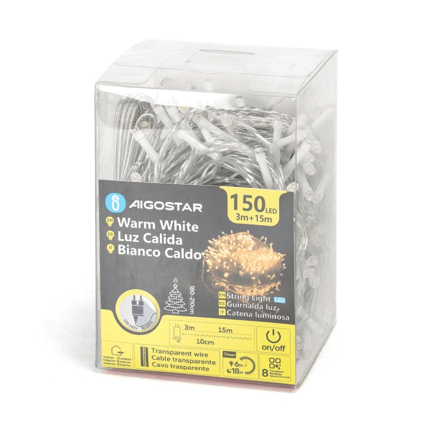 Aigostar - LED Väli valguskett 150xLED/8 funktsiooni 18m IP44 soe valge