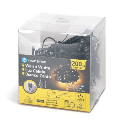 Aigostar - LED Väli valguskett 200xLED/8 funktsiooni 13m IP44 soe valge