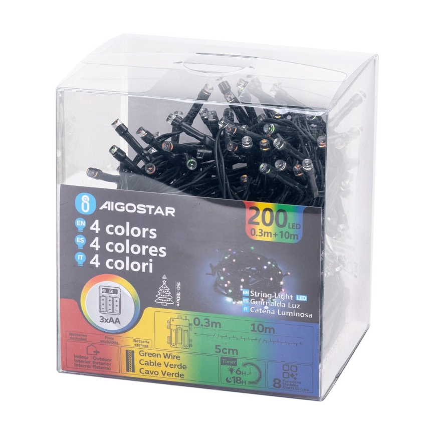 Aigostar -LED Väli valguskett 200xLED/8 funktsiooni 3xAA 10,3m IP44 mitmevärviline
