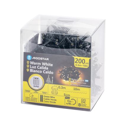 Aigostar - LED Väli valguskett 200xLED/8 funktsiooni 3xAA 10,3m IP44 soe valge