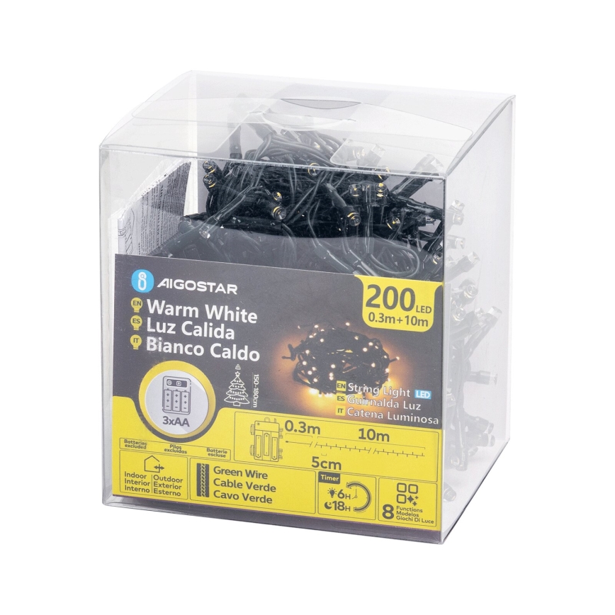 Aigostar - LED Väli valguskett 200xLED/8 funktsiooni 3xAA 10,3m IP44 soe valge