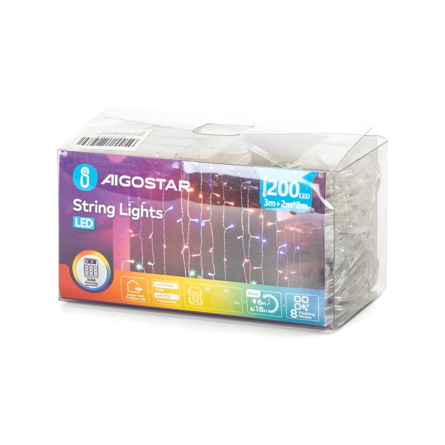 Aigostar - LED Väli valguskett 200xLED/8 funktsiooni 3xAA 5x2m IP44 mitmevärviline
