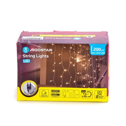 Aigostar - LED Väli valguskett 200xLED/8 funktsiooni 5x2m IP44 soe valge