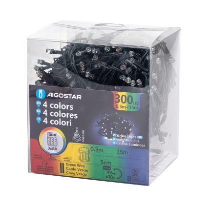 Aigostar -LED Väli valguskett 300xLED/8 funktsiooni 3xAA 15,3m IP44 mitmevärviline
