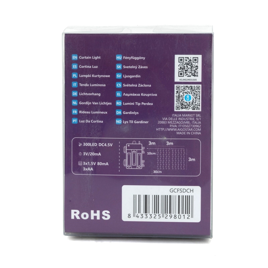 Aigostar-LED Väli valguskett 300xLED/8 funktsiooni 3xAA 6x2m IP44 külm valge