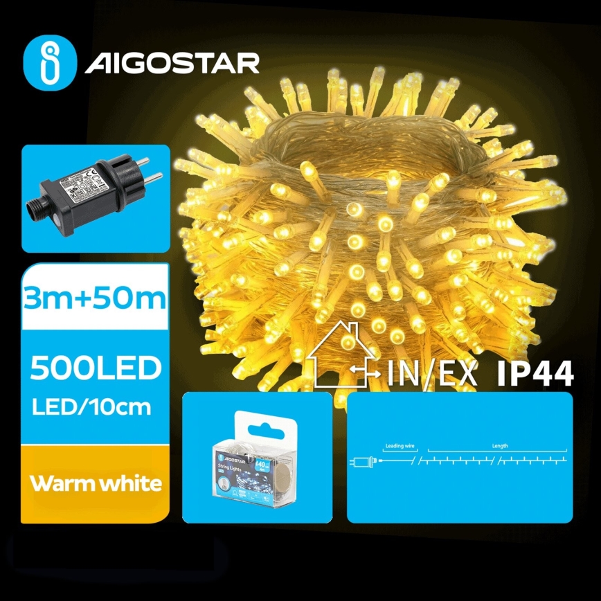 Aigostar - LED Väli valguskett 500xLED/8 funktsiooni 53m IP44 soe valge