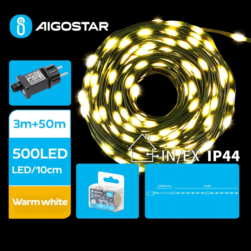Aigostar - LED Väli valguskett 500xLED/8 funktsiooni 53m IP44 soe valge