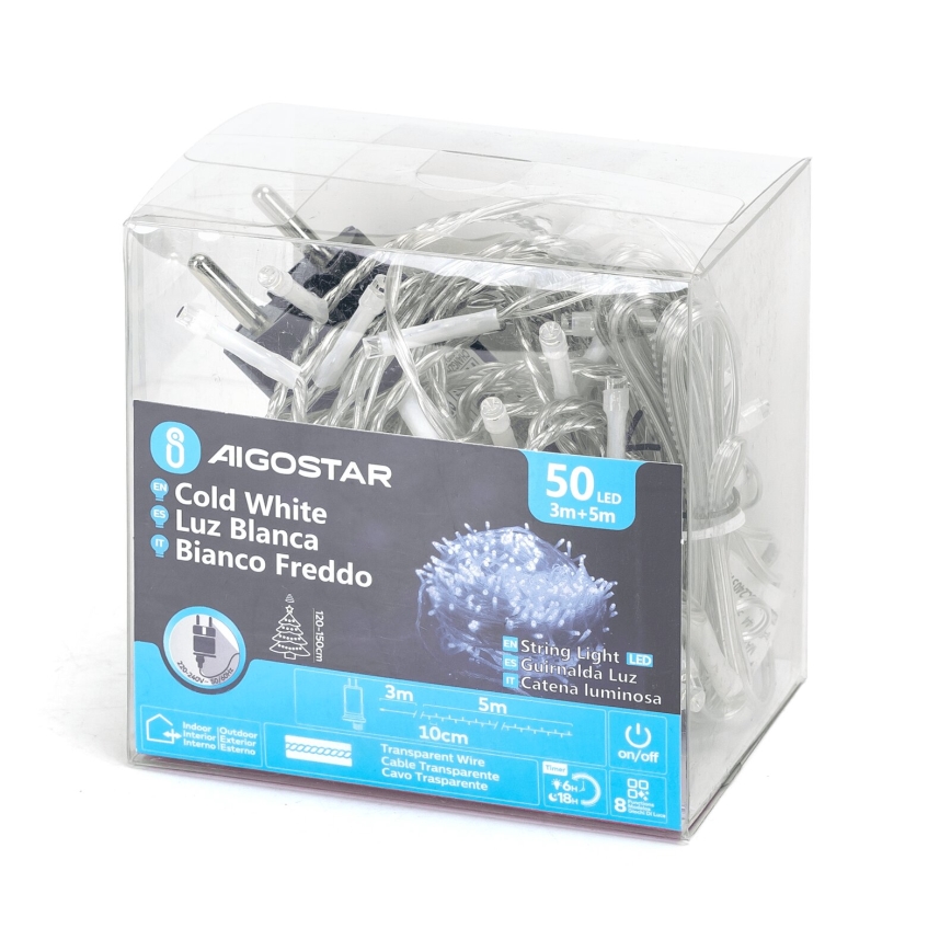 Aigostar - LED Väli valguskett 50xLED/8 funktsiooni 8m IP44 külm valge