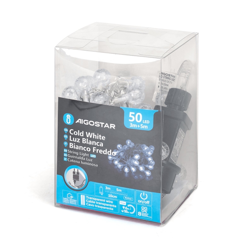 Aigostar - LED Väli valguskett 50xLED/8 funktsiooni 8m IP44 külm valge