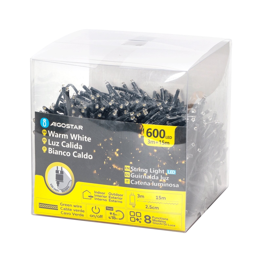 Aigostar - LED Väli valguskett 600xLED/8 funktsiooni 18m IP44 soe valge