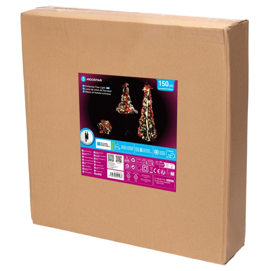 Aigostar - LED välistingimuste jõulupuu 150xLED 1,8m IP44 punane külmvalge