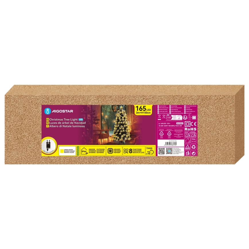 Aigostar - LED välijõulukuusk 165xLED/8 funktsiooni 1,5 m IP44 soe valge