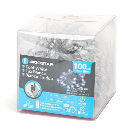 Aigostar - LED-välijõulutuled 100×LED / 8 funktsiooni, 13 m, IP44, külmvalge